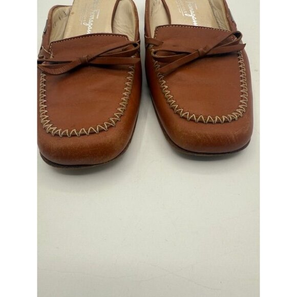 Salvatore Ferragamo Made in Italy Brown Leather Square Toe Bow Mules Size 6B - Picture 3 of 9